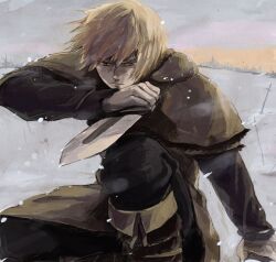  1boy bad_id bad_pixiv_id blonde_hair dagger knife kogashi_negi male_focus manly reverse_grip snow solo thorfinn vinland_saga weapon 