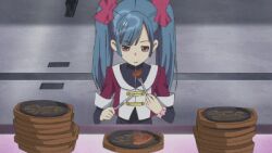  akb0048 animated animated blue_hair cyborg eating food lowres solo twintails watanabe_mayu watanabe_mayu_(akb0048) 