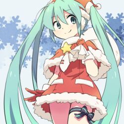  aqua_eyes aqua_hair commentary_request female hat hatsune_miku long_hair looking_at_viewer project_diva_(series) project_diva_2nd reki_(arequa) santa_costume santa_hat smile solo star_(symbol) thigh_strap twintails very_long_hair vocaloid 