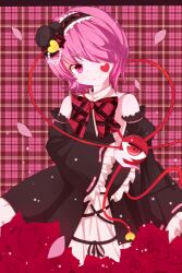  alternate_costume ashino bare_shoulders bow commentary_request detached_sleeves dress female flower hair_over_one_eye hairband hat heart highres holding komeiji_satori petals pink_eyes pink_hair plaid plaid_background red_flower red_rose rose smile solo third_eye touhou 