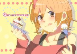  :q bad_id bad_pixiv_id bare_shoulders blonde_hair blush breasts brown_eyes cake cake_slice casual chatubo closed_mouth collarbone cream cream_on_face drop_shadow english_text female food food_on_face fork fruit hair_ornament hair_scrunchie heart holding holding_food holding_fork holding_plate kagerou_project kisaragi_attention_(vocaloid) kisaragi_momo licking_lips long_sleeves looking_at_viewer medium_breasts off_shoulder orange_eyes pastry pink_scrunchie pink_shirt plate polka_dot polka_dot_background scrunchie shirt short_hair side_ponytail sleeves_past_wrists solo strawberry tongue tongue_out yellow_background 