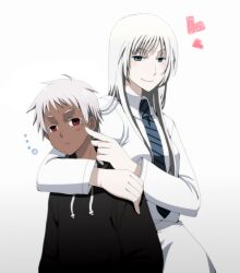  1boy bad_id bad_pixiv_id blue_eyes blush dark-skinned_male dark_skin female heart highres johnathan_mar jormungand_(manga) koko_hekmatyar long_hair long_sleeves necktie pale_skin pointing red_eyes scar simple_background smile takabayashi_(touhulove) white_hair 