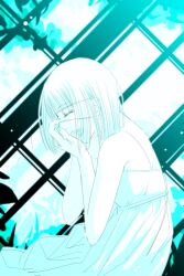  aura-hysterica bob_cut chemise closed_eyes commentary_request eyepatch female laughing monochrome mr.romance open_mouth ragnarok_online short_hair solo 