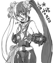  belt blade_&amp;_soul choker collar female female fingerless_gloves flat_chest gauntlets gloves monochrome multicolored_hair po_hwa_ran pohwaran ribbon sleeveless solo standing tears turtleneck twintails two-tone_hair 