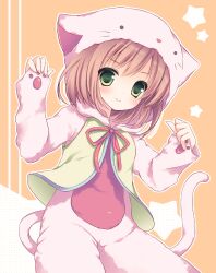  animal_costume animal_hood bad_id bad_pixiv_id blush brown_hair cat_costume cat_hood cat_tail commentary_request female green_eyes hood hoodie idolmaster idolmaster_cinderella_girls izumiyuhina looking_at_viewer maekawa_miku outline paw_print photoshop_(medium) smile solo star_(symbol) tail 