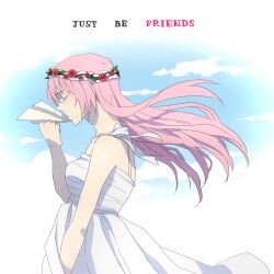  catgirl0926 closed_eyes commentary_request english_text female holding holding_paper_airplane just_be_friends_(vocaloid) long_hair megurine_luka paper_airplane pink_hair solo vocaloid 