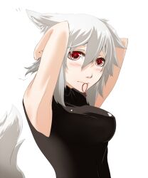  animal_ears armpits blush breasts commentary_request female hair_between_eyes hairdressing inubashiri_momiji mazuka_kei medium_breasts mouth_hold no_headwear partial_commentary solo touhou white_background wolf_ears 