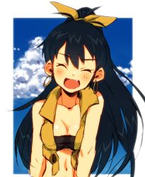  beyond_the_vibes_(idolmaster) black_hair blush breasts cleavage closed_eyes commentary_request earrings female ganaha_hibiki hoop_earrings idolmaster idolmaster_(classic) jewelry long_hair medium_breasts midriff navel oerba_yun_fang open_mouth ponytail s.o_chin smile solo vest 