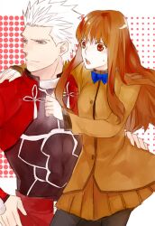  1boy archer_(fate) bad_id bad_pixiv_id black_pantyhose brown_eyes brown_hair fate/extra fate_(series) female grey_eyes kishinami_hakuno_(female) long_hair pantyhose photoshop_(medium) sukumaraku white_hair 