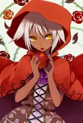  apple bad_id bad_pixiv_id banned_artist cape dark_skin eyeliner fingernails food fruit harano hood little_red_riding_hood_(grimm) makeup nail_polish oerba_yun_fang open_mouth original short_hair silver_hair solo yellow_eyes 