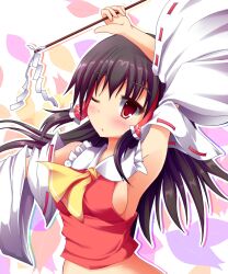  armpits ascot black_hair blush breasts commentary_request detached_sleeves female gohei hair_tubes hakurei_reimu highres liya long_hair medium_breasts no_bra one_eye_closed photoshop_(medium) red_eyes sideboob solo touhou 