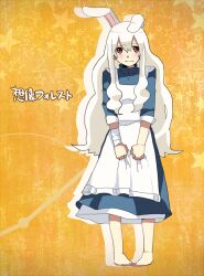  animal_ears apron bad_id bad_pixiv_id bandaged_arm bandages barefoot blue_dress blush chatubo closed_mouth collared_dress dress female full_body hair_between_eyes kagerou_project kemonomimi_mode kozakura_marry long_hair mekakucity_actors no_hair_ornament rabbit_ears red_eyes skirt_hold sleeve_cuffs sleeves_past_elbows solo song_name souzou_forest_(vocaloid) standing star_(symbol) starry_background two-tone_dress very_long_hair wavy_hair white_apron white_dress white_hair yellow_background 