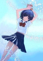  absurdres black_hair blue_eyes commentary_request dual_wielding female highres holding light_smile mocha_(snowflake) nazo_no_kanojo_x photoshop_(medium) school_uniform scissors skirt solo urabe_mikoto 