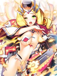  arinna_karin_galaxia bad_id bad_pixiv_id blonde_hair blush breasts cherrypin cleavage drill_hair female green_eyes hat junketsu_duelion large_breasts long_hair looking_at_viewer navel official_art open_mouth photoshop_(medium) solo sword tears torn_clothes weapon white_background 