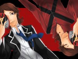  2boys bad_id bad_pixiv_id brown_eyes brown_hair dual_persona kzi_k mask multiple_boys necktie persona persona_2 persona_2_batsu persona_2_tsumi school_uniform seven_sisters_high_school_uniform suou_tatsuya suou_tatsuya_(persona_2_batsu) 