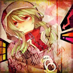  arrow_(symbol) audio_visualizer bad_id bad_pixiv_id closed_mouth clothes_writing copyright_name dutch_angle female green_hair grey_hoodie hair_between_eyes hood hood_up hoodie jacket kagerou_project kido_tsubomi light_frown long_hair looking_at_viewer matryoshka_(borscht) mekakushi_code_(vocaloid) multicolored_background print_hoodie red_eyes red_jacket solo upper_body zipper 