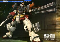  absurdres anime_coloring character_name gatling_gun green_eyes gun gundam gundam_heavyarms_custom gundam_wing highres knife legs_apart looking_ahead mecha mecha_focus missile_pod mobile_suit no_humans robot science_fiction solo standing ueda_youichi v-fin weapon 