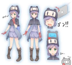  &gt;_&lt; ^^^ beanie bloomers boots character_request closed_eyes commentary_request copyright_request female finger_to_mouth gloves green_eyes hat ipad multiple_views open_mouth oumi_(rsag) purple_hair smile tablet_pc translation_request underwear 