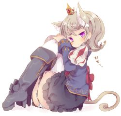  animal_ears bad_id bad_pixiv_id boots cat_ears cat_tail eirawen_(mabinogi) female full_body grey_hair looking_at_viewer mabinogi masirosu panties purple_eyes sitting solo striped_clothes striped_panties tail underwear white_background 