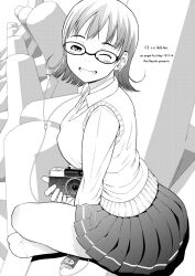  bad_id bad_pixiv_id camera commentary_request digital_media_player female from_side glasses greyscale headphones ipod looking_at_viewer monochrome neyuki_rei oerba_yun_fang olympus_(company) one_eye_closed photoshop_(medium) pleated_skirt sitting skirt smile solo sweater_vest 