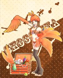  apple bad_id bad_pixiv_id black_thighhighs blue_eyes brown_hair carbuncle_(final_fantasy) character_name chocolina drink feathers female final_fantasy final_fantasy_xiii final_fantasy_xiii-2 food fruit hand_on_own_hip hat highres kururi_(oekaki_nikki) legs long_hair moogle open_mouth solo thighhighs treasure_chest wings 