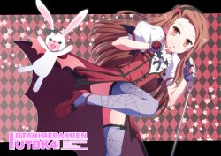  argyle_background brown_eyes brown_hair commentary_request dress female fingerless_gloves flower gloves hairband idolmaster idolmaster_(classic) leg_up long_hair microphone microphone_stand minase_iori my_dear_vampire_(idolmaster) nail_polish ookami_maito photoshop_(medium) red_footwear rose shoes solo stuffed_animal stuffed_rabbit stuffed_toy thighhighs usa-chan_(idolmaster) vampire_costume 