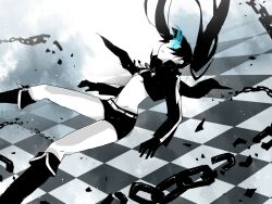  black_hair black_rock_shooter black_rock_shooter_(character) blue_theme boots catgirl0926 chains commentary female flaming_eye glowing long_hair monochrome no_shirt short_shorts shorts solo symbol-only_commentary 