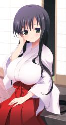  black_hair blush breasts commentary_request female green_eyes hakama hakama_skirt highres huge_breasts hyuuga_takashi iwato_kasumi japanese_clothes long_hair miko red_hakama saki_(manga) skirt smile solo 