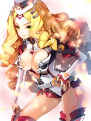  arinna_karin_galaxia bad_id bad_pixiv_id blonde_hair boots breasts cherrypin cleavage drill_hair female green_eyes hand_on_own_hip hat junketsu_duelion large_breasts long_hair looking_at_viewer official_art photoshop_(medium) smile solo thigh_boots thighhighs white_background 