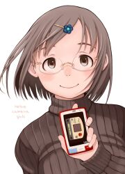  bad_id bad_pixiv_id brown_eyes brown_hair cellphone commentary_request copyright_request female glasses hair_ornament hairclip infobar_a01 neyuki_rei phone photoshop_(medium) rimless_eyewear short_hair smile solo sweater upper_body 