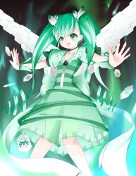  choker commentary_request dodonpachi dodonpachi_saidaioujou dress female green_dress green_eyes green_hair green_theme happy hibachi_(dodonpachi) highres leqz5945 long_hair open_mouth outstretched_arms see-through skirt solo spread_arms twintails wrist_cuffs 