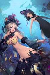  2007 2girls air_bubble armpits artist_name bad_id bad_pixiv_id bare_shoulders black_eyes black_hair blonde_hair blue_eyes blue_nails breasts bubble c_type cleavage conductor crab detached_sleeves dress dutch_angle earrings fingernails fish flat_chest gem hand_on_own_cheek hand_on_own_face hat headdress highres jewelry large_breasts lips long_fingernails long_hair mermaid monster_girl multiple_girls nail_polish narrow_waist navel original parted_lips pasties pearl_(gemstone) scales seaweed shark starfish starfish_bikini underwater 