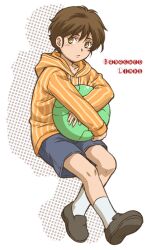  1boy aged_down bad_id bad_pixiv_id brown_eyes brown_hair grey_shorts gundam gundam_unicorn haro hood hoodie male_focus redpipin shorts solo 