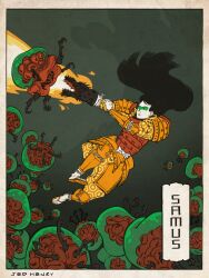  arm_cannon armor artist_name battle black_hair character_name facepaint female fine_art_parody firing jed_henry long_hair metroid metroid_(creature) nihonga parody photoshop_(medium) print_(medium) samurai samus_aran sandals solo_focus ukiyo-e weapon 