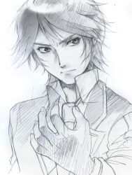  1boy bad_id bad_pixiv_id graphite_(medium) highres male_focus monochrome necktie persona persona_2 persona_2_tsumi photoshop_(medium) school_uniform sion_world solo suou_tatsuya traditional_media 