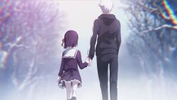  1boy aged_down commentary_request derivative_work dnlin dress fate/zero fate_(series) female from_behind holding_hands hood hoodie lolicon matou_kariya matou_sakura parody photoshop_(medium) purple_hair uncle_and_niece white_hair 