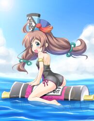  blue_eyes brown_hair browser_sangokushi commentary_request female hat long_hair masakichi_(crossroad) one-piece_swimsuit riding sangokushi_taisen scroll solo swimsuit water 