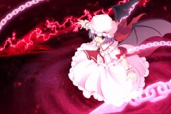  bat_wings chains commentary_request cross_(crossryou) female hat miserable_fate purple_hair red_eyes remilia_scarlet short_hair solo spear_the_gungnir touhou wings wrist_cuffs 