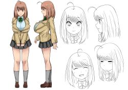  ahoge black_skirt blazer bow bowtie breasts brown_eyes brown_hair closed_eyes commentary_request expressions female huge_breasts jacket komusou_(jinrikisha) laughing loafers long_hair multiple_views ooba_minori open_mouth original pleated_skirt pocket profile reference_sheet school_uniform shoes short_hair skirt smile socks tears v_arms 