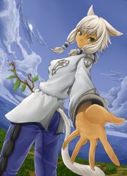  animal_ears blue_eyes breasts cat_ears cat_tail cloud facial_mark female final_fantasy final_fantasy_xiv kuroboshi_roki miqo&#039;te ocean pants sea sky smile tail white_hair y&#039;shtola 