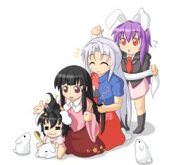  4girls :3 =_= animal_ears bad_id bad_pixiv_id black_hair bow brown_eyes brushing_another&#039;s_hair brushing_hair carrot carrot_necklace closed_eyes comb commentary_request crying dress grey_hair hair_brush hair_ornament hair_stick hairdressing houraisan_kaguya inaba_tewi jacket jewelry kneeling kokujuuji long_hair multiple_girls necklace necktie open_mouth pendant pink_dress rabbit rabbit_ears red_eyes red_necktie reisen_udongein_inaba shirt short_hair shouten_pegasus_mix_mori sitting skirt smile sparkle standing streaming_tears tears touhou yagokoro_eirin 