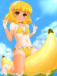  banana_boat bikini blonde_hair commentary_request double_v female flat_chest frilled_bikini frills hairband katsuragi_niya navel photoshop_(medium) precure riding short_hair smile_precure solo swimsuit tan tanlines v white_hairband yayoi_kise yellow_bikini yellow_eyes 