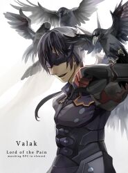  1boy arisu_(nine_avenue) armor bad_id bad_pixiv_id bird black_armor black_hair character_name copyright_name elsword gloves highres male_focus mask photoshop_(medium) raven_cronwell reckless_fist_(elsword) smile solo valak_(elsword) white_background 