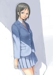  against_wall brown_hair commentary_request female lips necktie original pleated_skirt school_uniform skirt solo standing taruya 