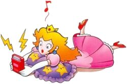  blonde_hair female game_boy handheld_game_console lowres mario_(series) musical_note nintendo pillow princess_peach spoken_musical_note star super_mario_bros. 