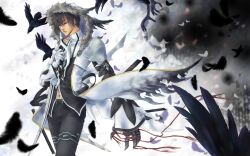  1boy bad_id bad_pixiv_id bird black_hair black_pants blade_master_(elsword) claws closed_eyes commentary_request elsword feathers flock gloves highres hood hoodie male_focus name_connection navel object_namesake pants raven_cronwell ruaki solo 