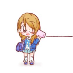  bag brown_eyes brown_hair chibi commentary_request extra female k-on! long_hair one_eye_closed sakaguchi_misaki sakuragaoka_high_school_uniform school_uniform simple_background solo string_phone tachibana_himeko white_background 