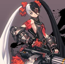  absurdres asymmetrical_clothes blade_&amp;_soul eyepatch female female fingerless_gloves gauntlets gloves gun highres multicolored_hair po_hwa_ran pohwaran sailor_collar slit_pupils solo twintails two-tone_hair weapon 