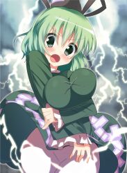  bad_id bad_pixiv_id blush breast_hold breasts dress electricity female green_dress green_eyes green_hair hat large_breasts open_mouth short_hair soga_no_tojiko solo supershiruco tate_eboshi tears touhou 