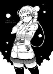  adjusting_headphones bad_id bad_pixiv_id black_thighhighs blush camera camera_around_neck commentary_request female glasses greyscale headphones hood hood_down hoodie long_sleeves millipen_(medium) monochrome neyuki_rei nib_pen_(medium) original parted_lips pleated_skirt short_hair single-lens_reflex_camera skirt solo standing thighhighs traditional_media 